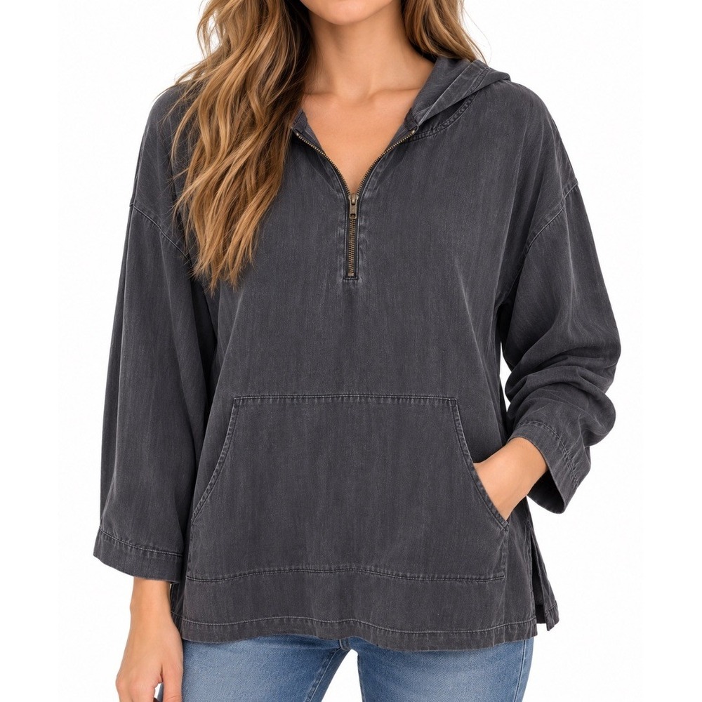 Soft Surroundings Womens Hoodie Pullover Gray Tencel Half Zip Tunic Top M
